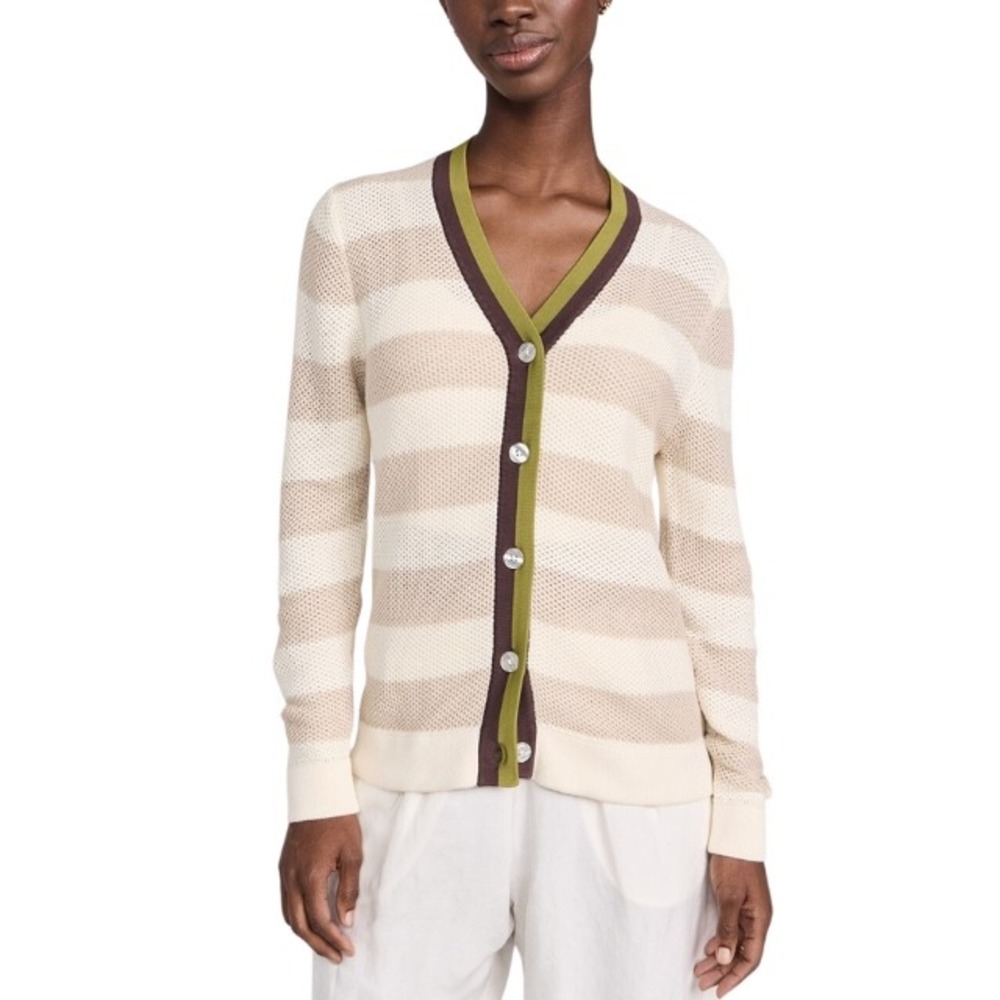 Kule Striped Cardigan Sweater Cream Tan Green Brown Trim V-Neck Size L